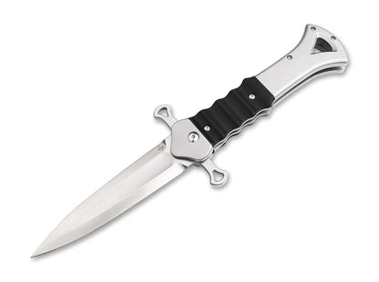 Böker Plus Inarsil tactical flipper folding knife with D2 dagger blade and black G10 handle, open view