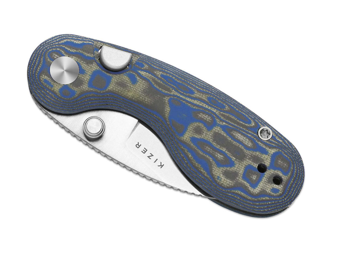 Kizer Microbe 14C28N Blue & Green Vortex Micarta