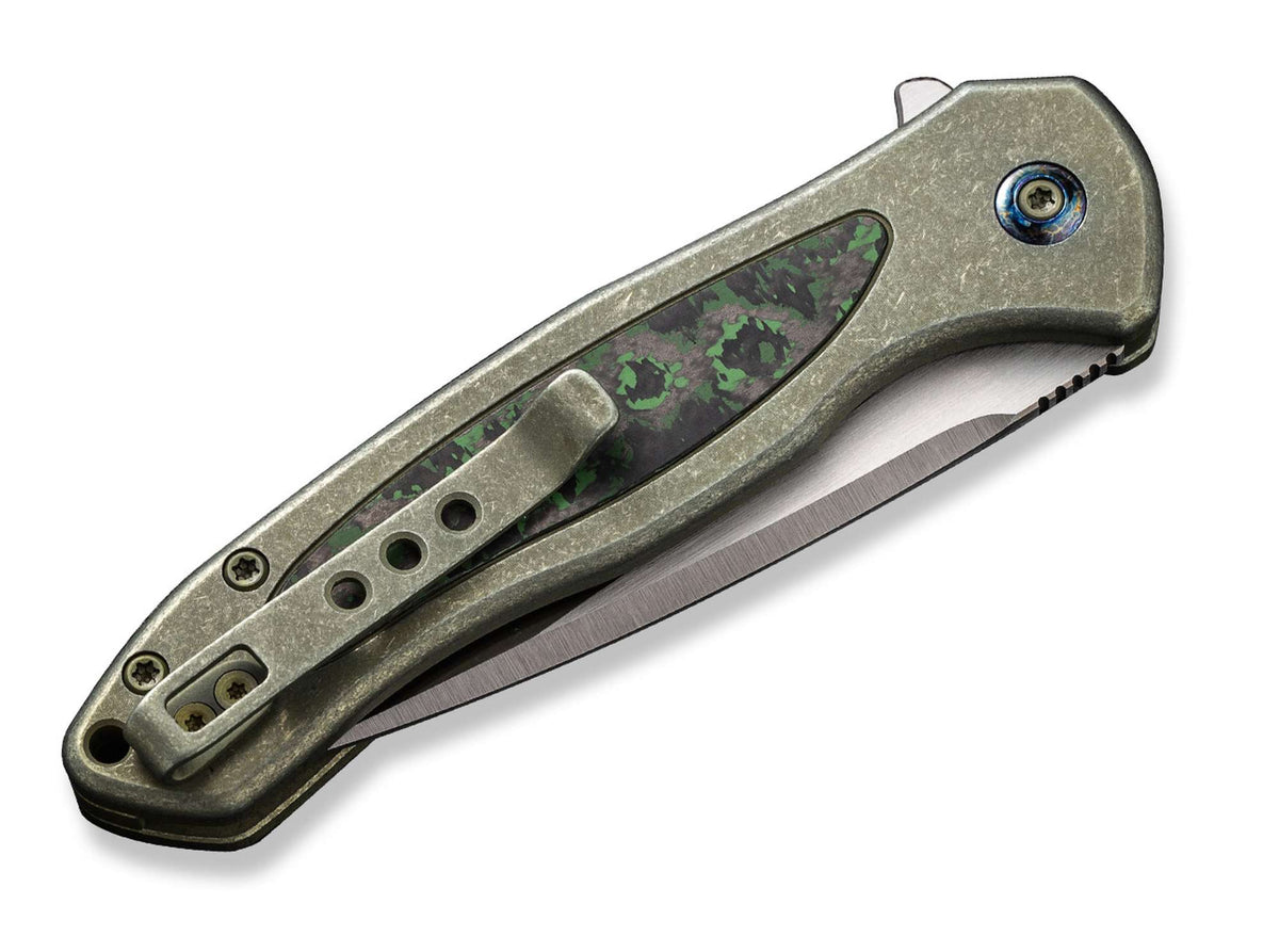 WE Knife Button Lock Kitefin Ltd Titanium CF Jungle Wear