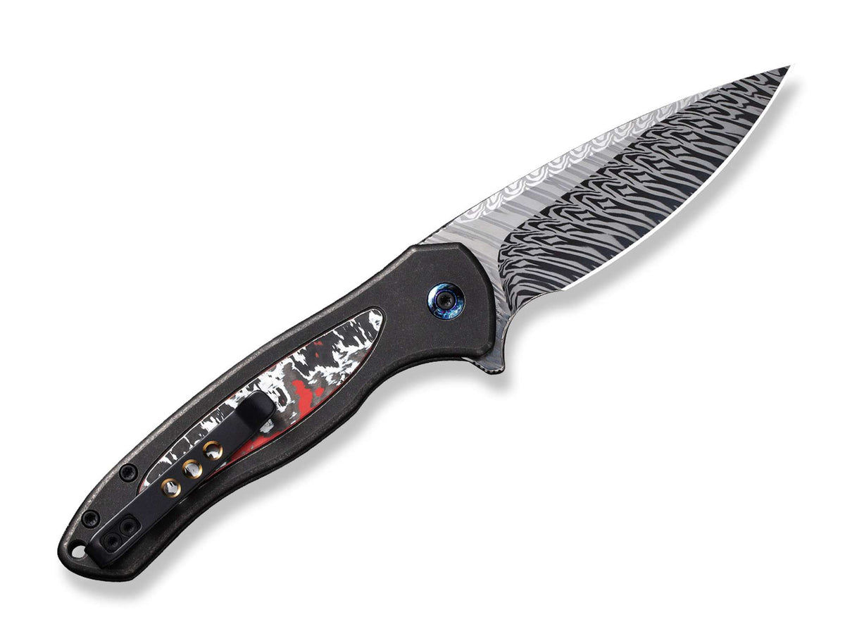 WE Knife Button Lock Kitefin Ltd Titanium CF Nebula Damascus