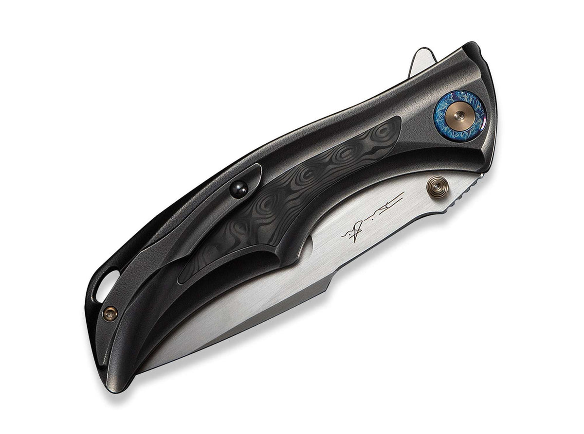 WE Knife Tighe Down M390 Gray Ti Orange Peel Rose CF