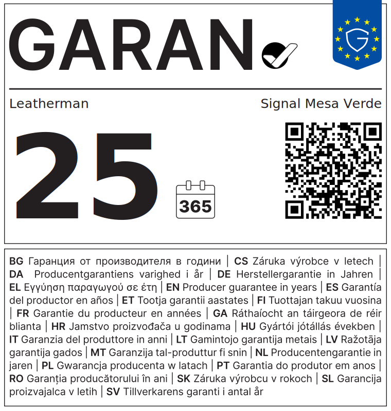 EU-GARAN-Label: Leatherman Signal Mesa Verde, 25 Jahre Herstellergarantie