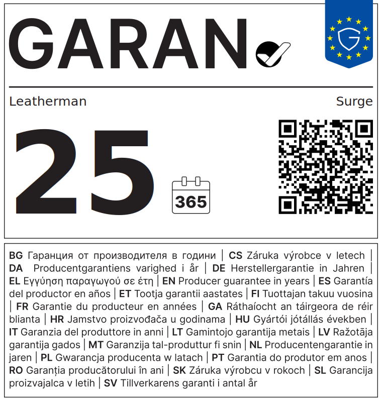EU-GARAN-Label: Leatherman Surge, 25 Jahre Herstellergarantie