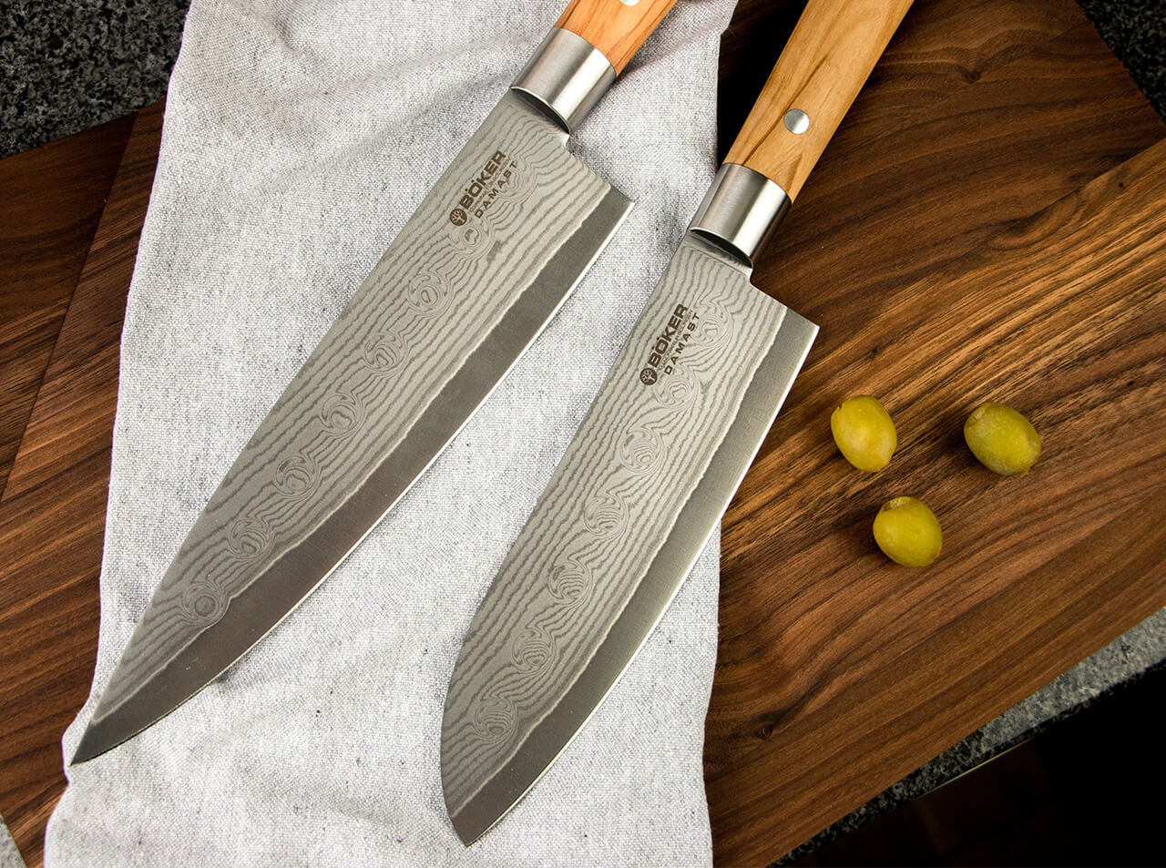 Böker Manufaktur Solingen Damast Olive Santoku