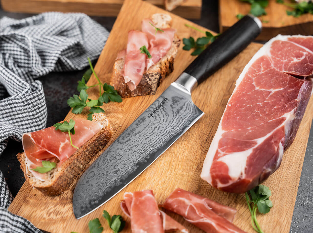 Böker Manufaktur Solingen Meisterklinge Damast Santoku